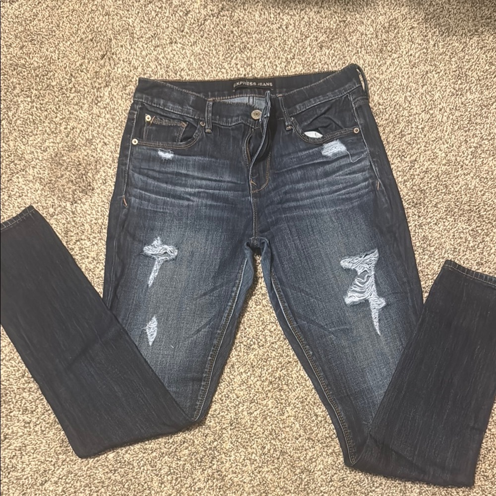 Express Skinny Blue Jeans with Designer Distressing